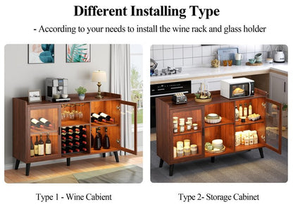 Loomie Wine Bar Cabinet with LED Light, Home Coffee Cabinet with Wine Rack and Glass Holder, Kitchen Buffet Sideboard W Storage Shelf, Freestanding Liquor Cabinet for Living Room, Dining Room (Walnut)