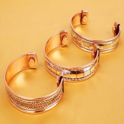 Touchstone copper bracelets | gift for men women |adjustable 100% pure solid real magnetic jewelry | handmade bracelet set combo | rope braided tibetan bangles. Set of 3 different designs