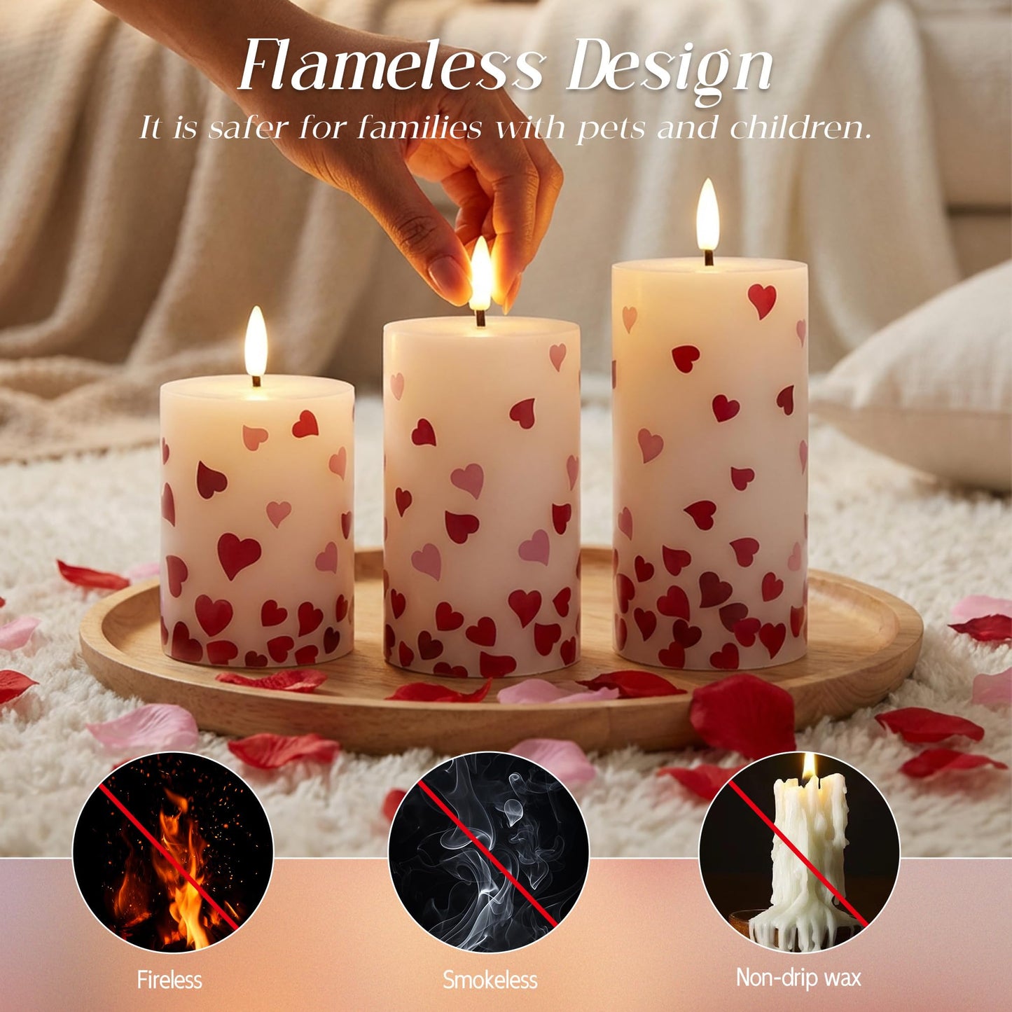JOIONE Flameless Pillar Candles with Remote, 3 Pack Battery Operated Real Wax LED Candles, Perfect for Home Decorations Fireplace Table, Heart Sticker