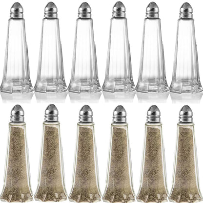 Yopay 12 Pieces Salt and Pepper Shaker Set, 1 oz Tower Glass Body Mini Restaurant Shakers with Stainless Steel Lids, Clear Curved Design