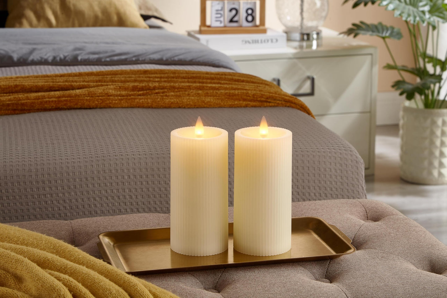 CozierGlow Flameless Pillar Candles Flickering with Remote Timer, Battery Operated LED Candles Up to 400 Hours, 3D Moving Flame Real Wax Candles. (Ivory Vertical Stripe-2 Pack)