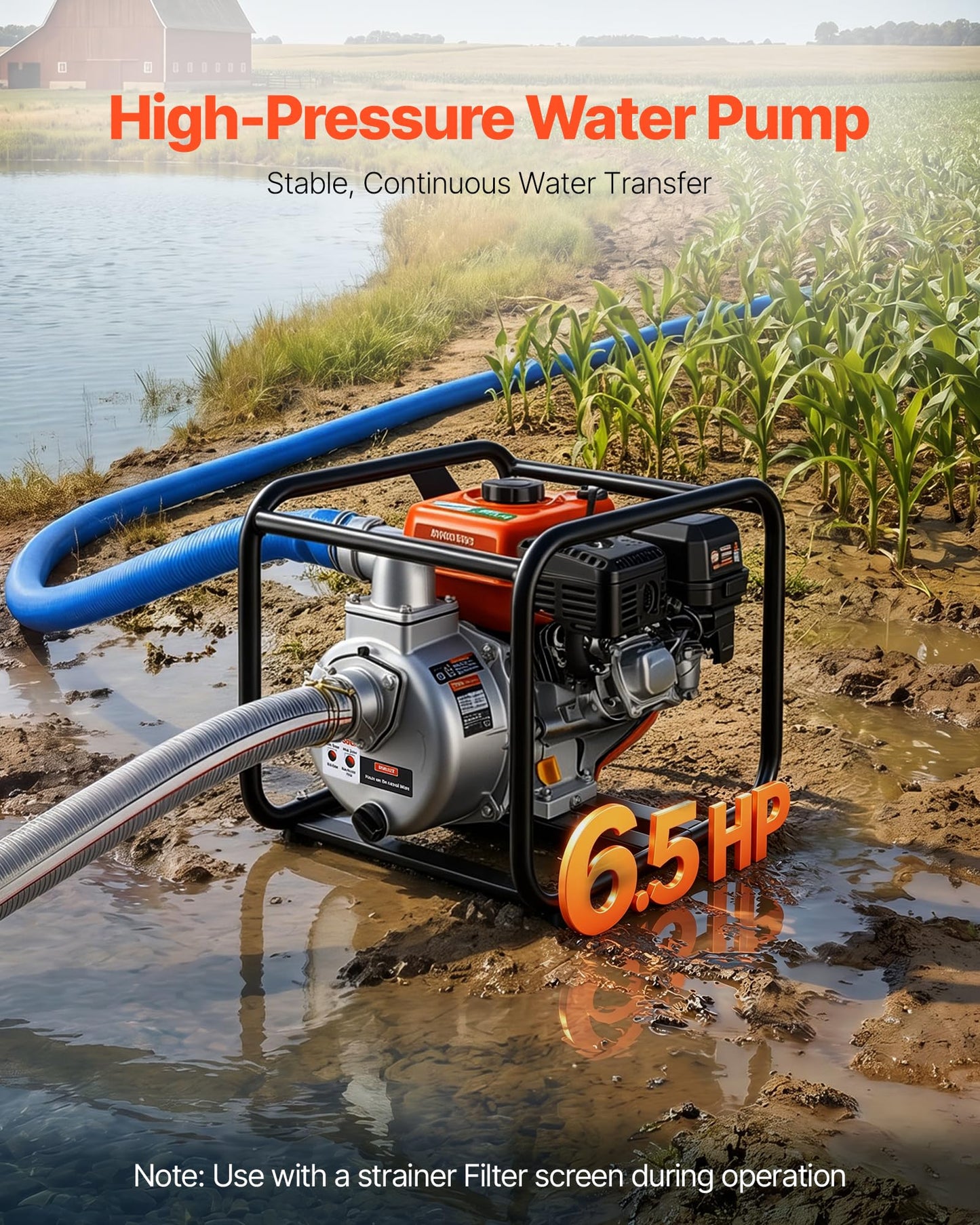 VEVOR Gas Powered Water Pump, 2 in, 132 GPM 6.5HP Semi Trash Water Transfer Pump Portable, Gasoline Engine with 25 ft Discharge Hose, Heavy Duty Frame, Cast Iron Impeller, for Irrigation, Ponds, Pools
