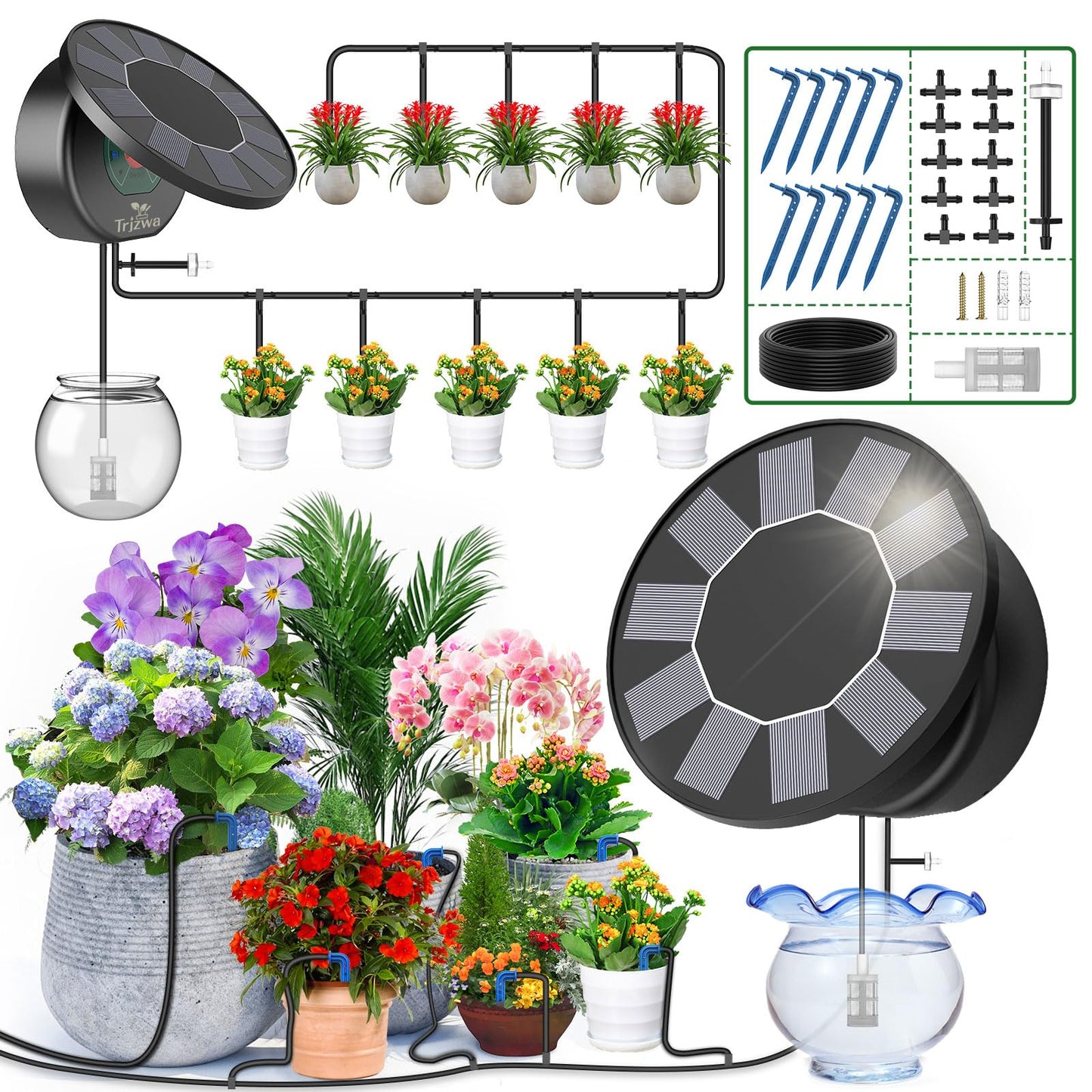 Solar Automatic Drip Irrigation System Kit, Auto Watering Kit for DIY Garden Watering System with 9 Timing Modes and Anti-Siphon Set，Indoor/Outdoor Garden, Balcony & Patio Irrigation System