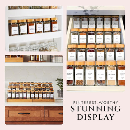 FINESSY Glass Spice Jars with Label with Bamboo Lids 36 Pack Set, 4oz Empty Clear Glass Spice Bottles with Shaker Lids, Airtight Kitchen Seasoning Organizer Jars, Herb Seasoning Containers with Labels