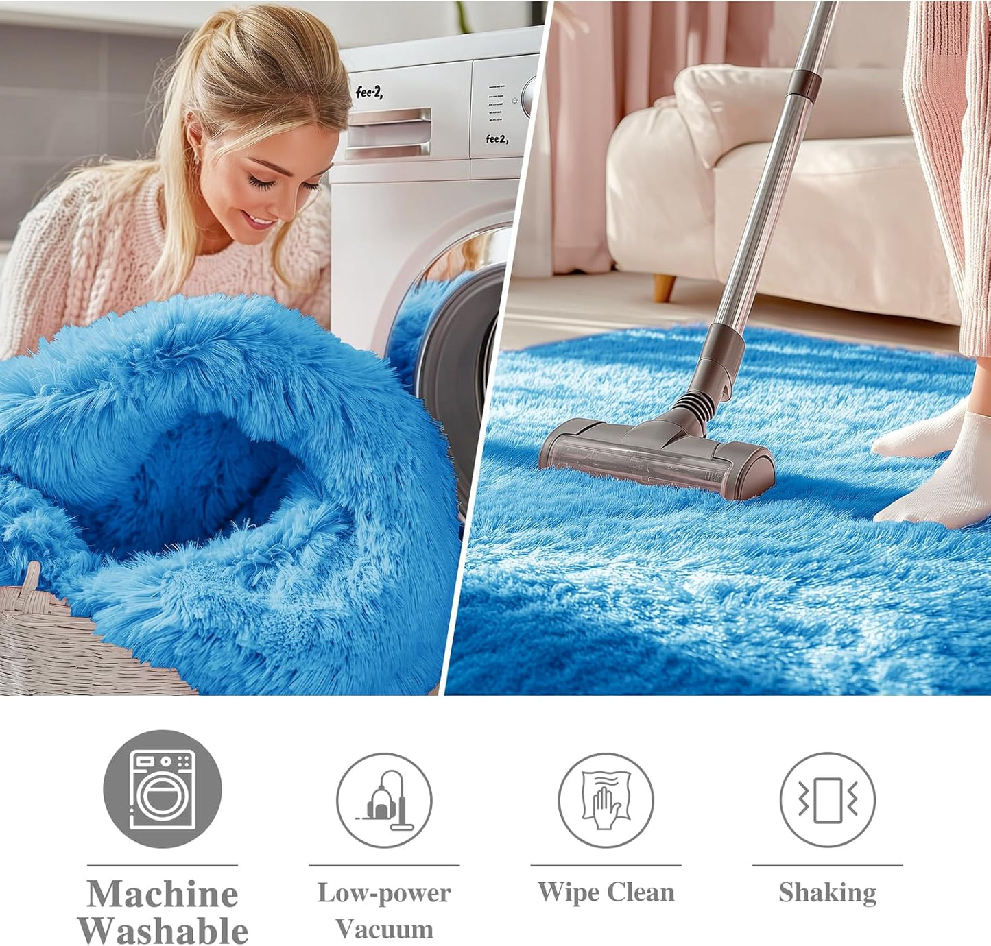 OLANLY Bright Blue Round Rug - Soft, Fluffy Shaggy Carpet for Bedroom | 8 ft Circle Area Rug for Home Decor