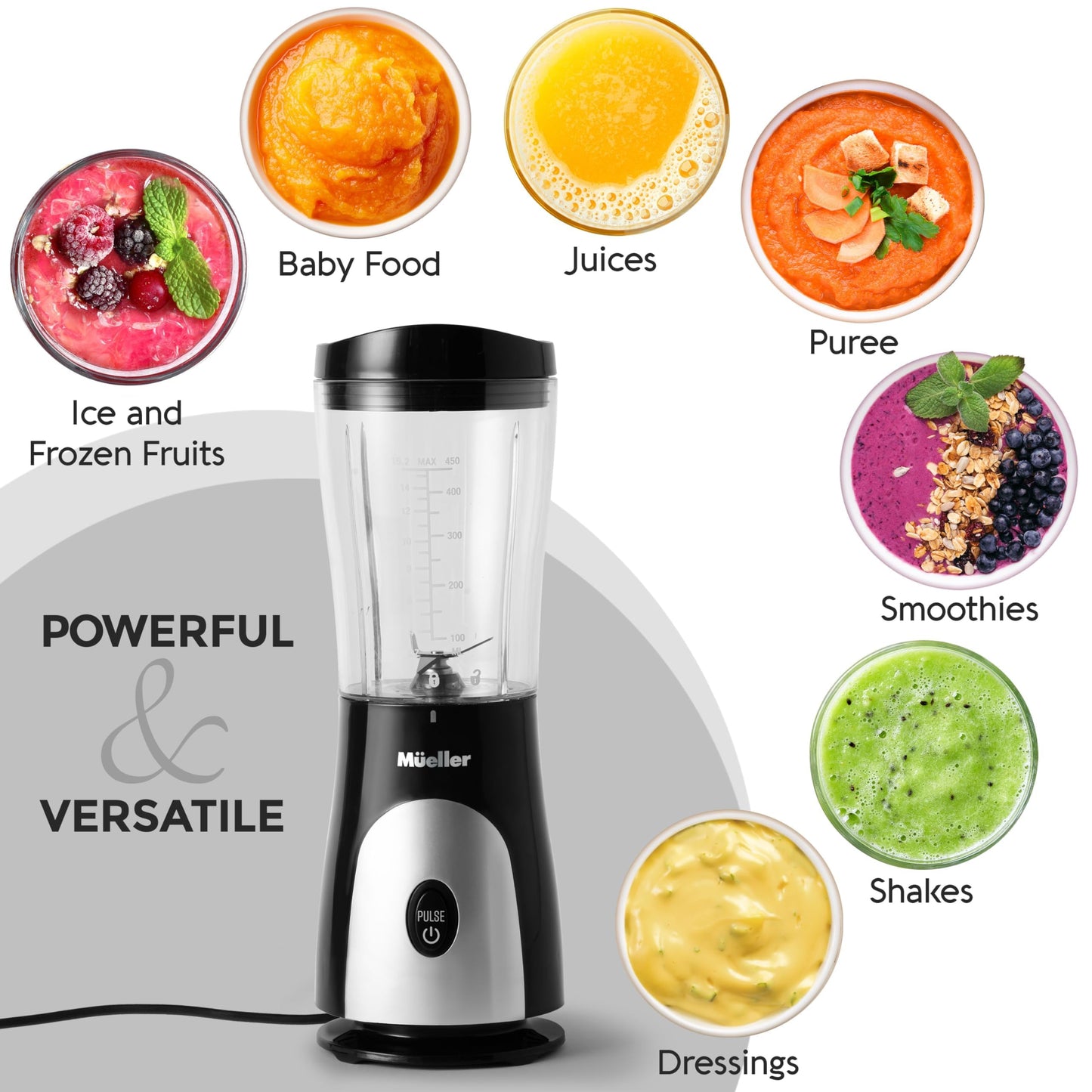 Mueller Smoothie Blender for Smoothies - Personal Blender for Shakes, Frozen Drinks, Baby Food & More, 15oz Travel Cup and Lid, Durable Stainless Steel Blades for Powerful Blending Performance, Black