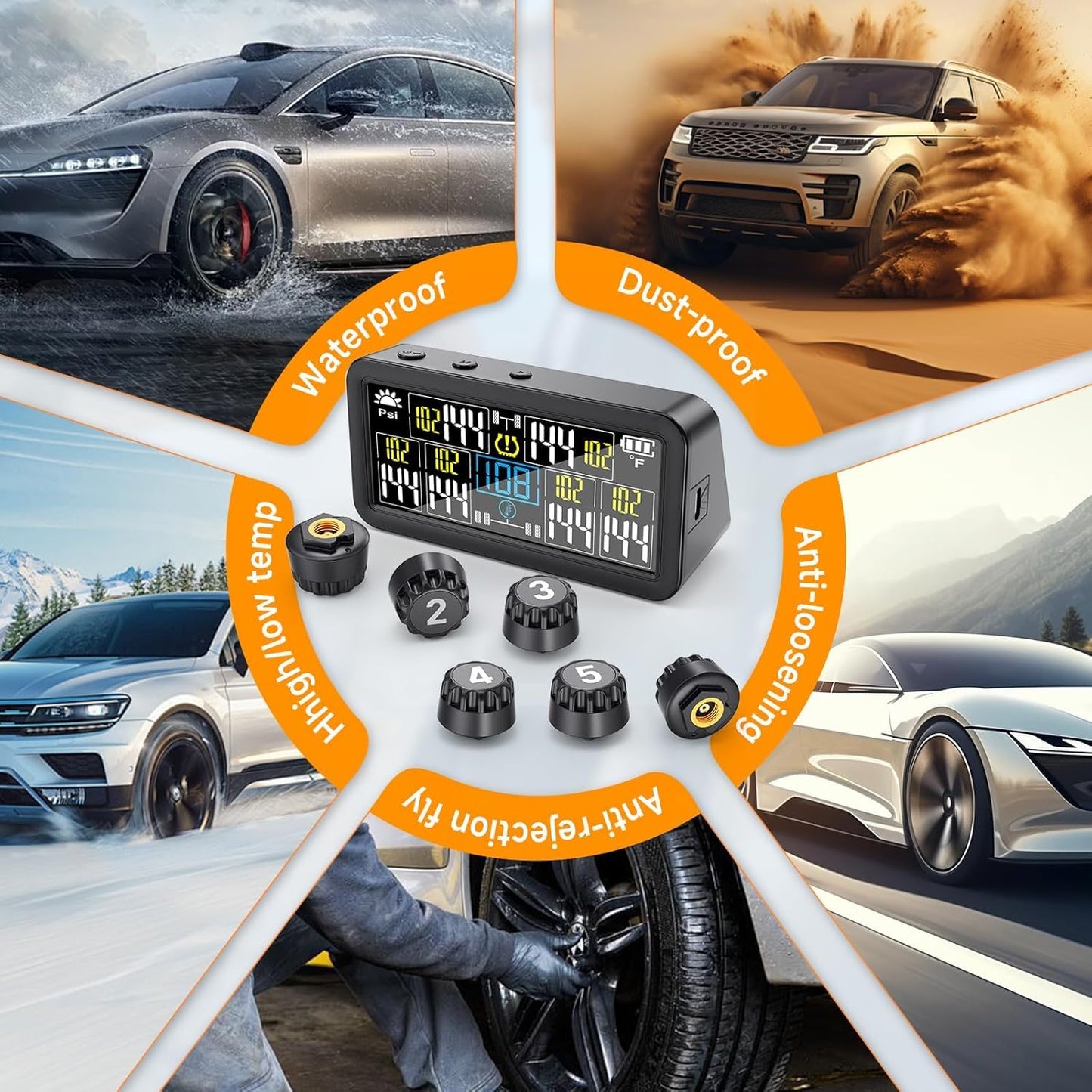 GEARGO 𝟐𝟎𝟐𝟔 𝐔𝐩𝐠𝐫𝐚𝐝𝐞𝐝 Tire Pressure Monitoring System, TPMS with Solar & USB-C Dual Charging, 4 External Sensors (0–99 PSI), 6 Alarm Modes, Color LCD Display for RV/Trailer/Truck/SUV