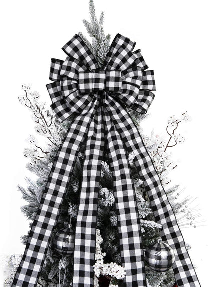 Regine Switzerland Christmas Tree Topper - Large Black and White Plaid Bow | 48x13 Inches Decorative Accent