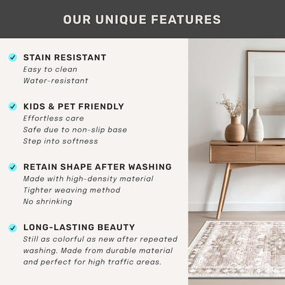 Skiennix Washable Area Rug - Large 8x10 Boho Vintage Floral Design | Non-Slip & Stain Resistant (Beige/Latte)