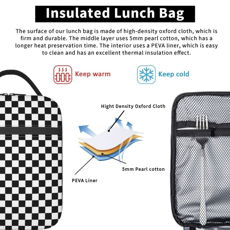 NKHFNBIO Black White Checkerboard Insulated Lunch Box Bag Portable Lunch Tote For Women Men And Kids