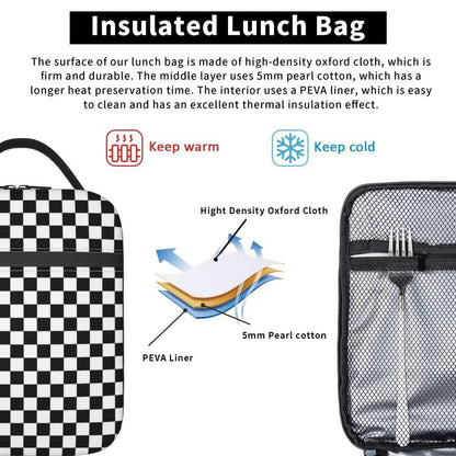 NKHFNBIO Black White Checkerboard Insulated Lunch Box Bag Portable Lunch Tote For Women Men And Kids