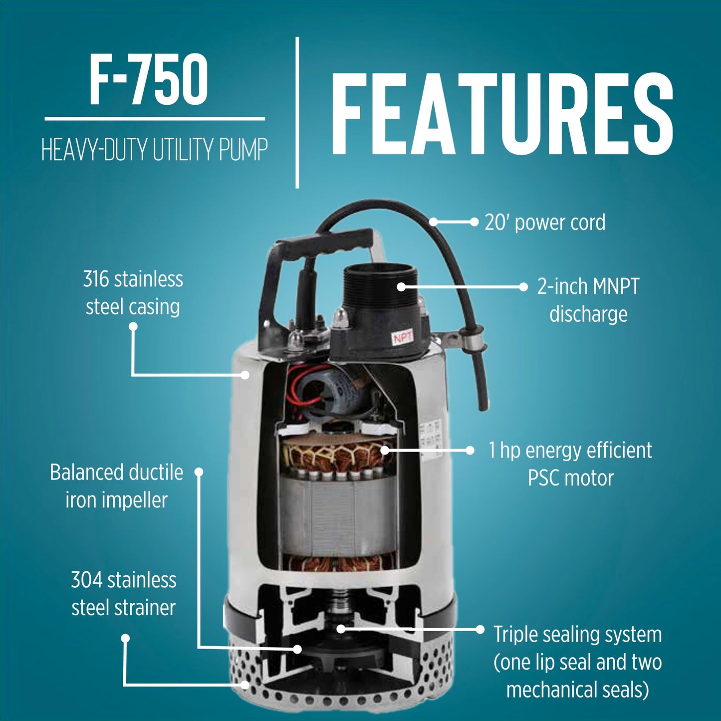 Little Giant FS-750 115-Volt, 4800 GPH, 1 HP Heavy-Duty Manual Stainless Steel Submersible Utility Pump with 20-Ft. Cord, Steel, 620241