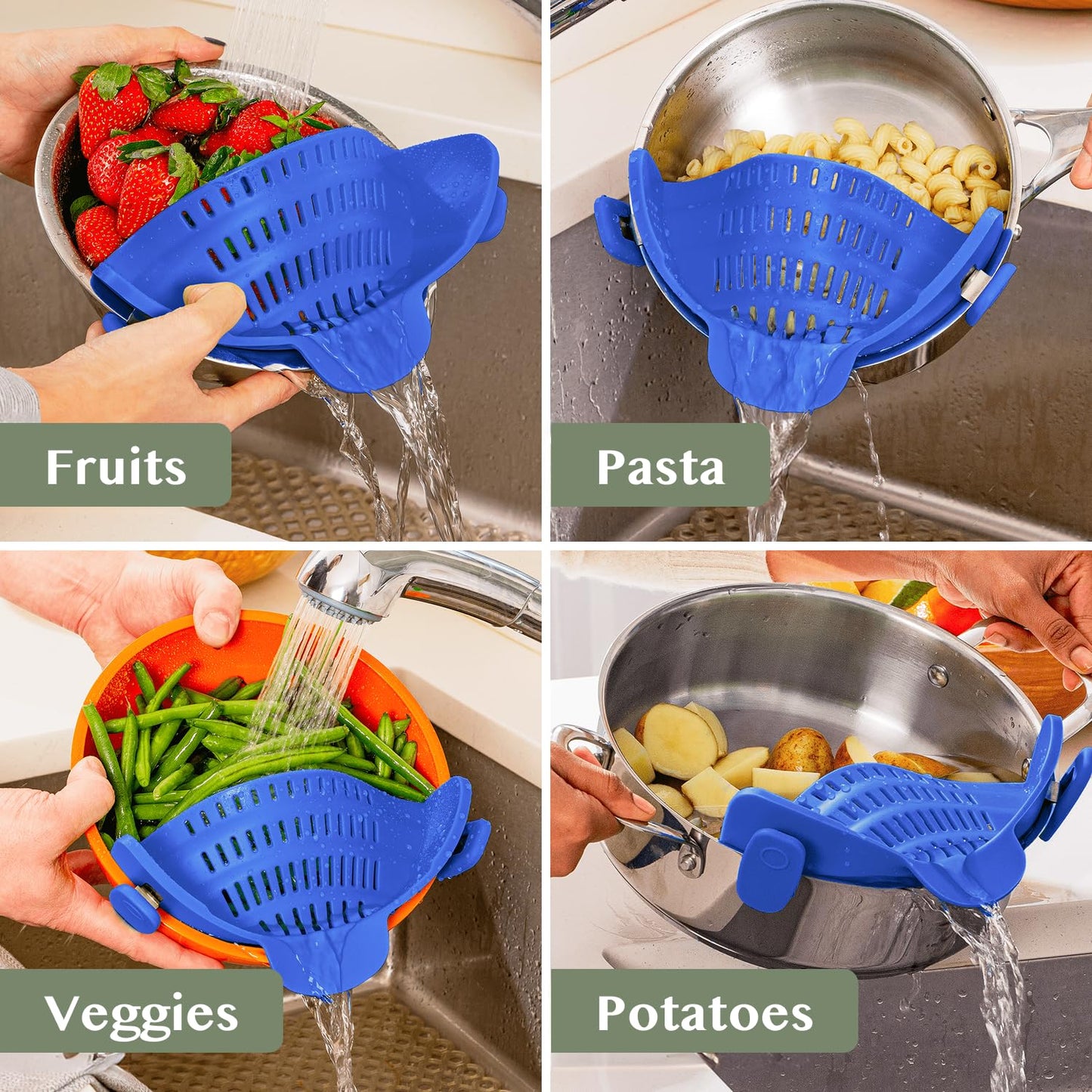 Kitchen Gizmo Snap N' Strain Clip On Strainer for Pots and Pans - Collapsible Silicone Pasta Strainer and Kitchen Gadget for Cooking - Easy to Use, Heat Resistant and Space Saving Colander - Green