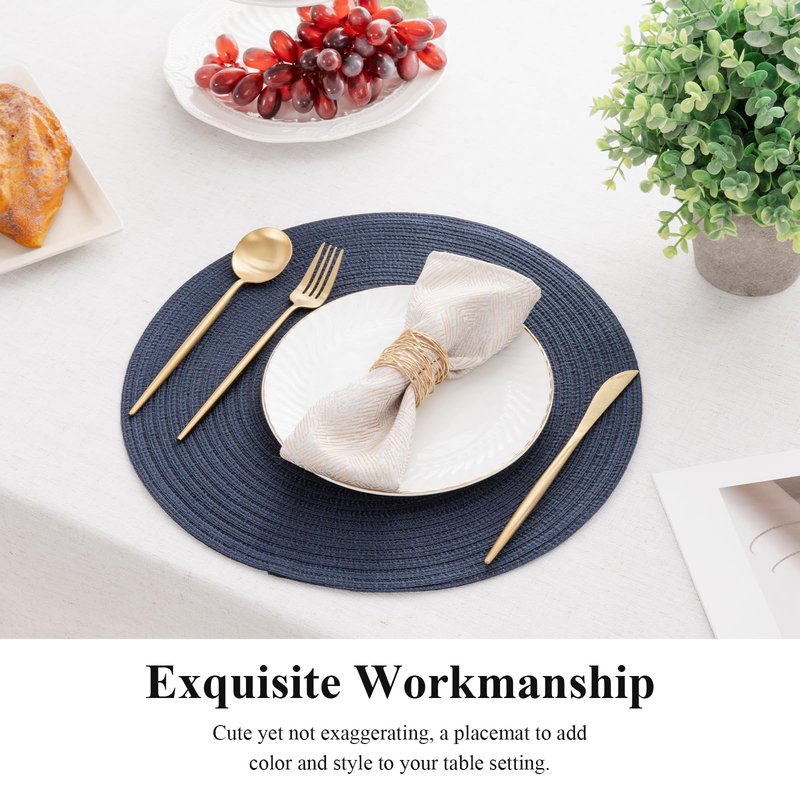 SHACOS Round Placemats Set of 8 Washable 15 inch Round Table Mats Cotton Polyester Woven Braided Place Mats for Dining Table, Navy