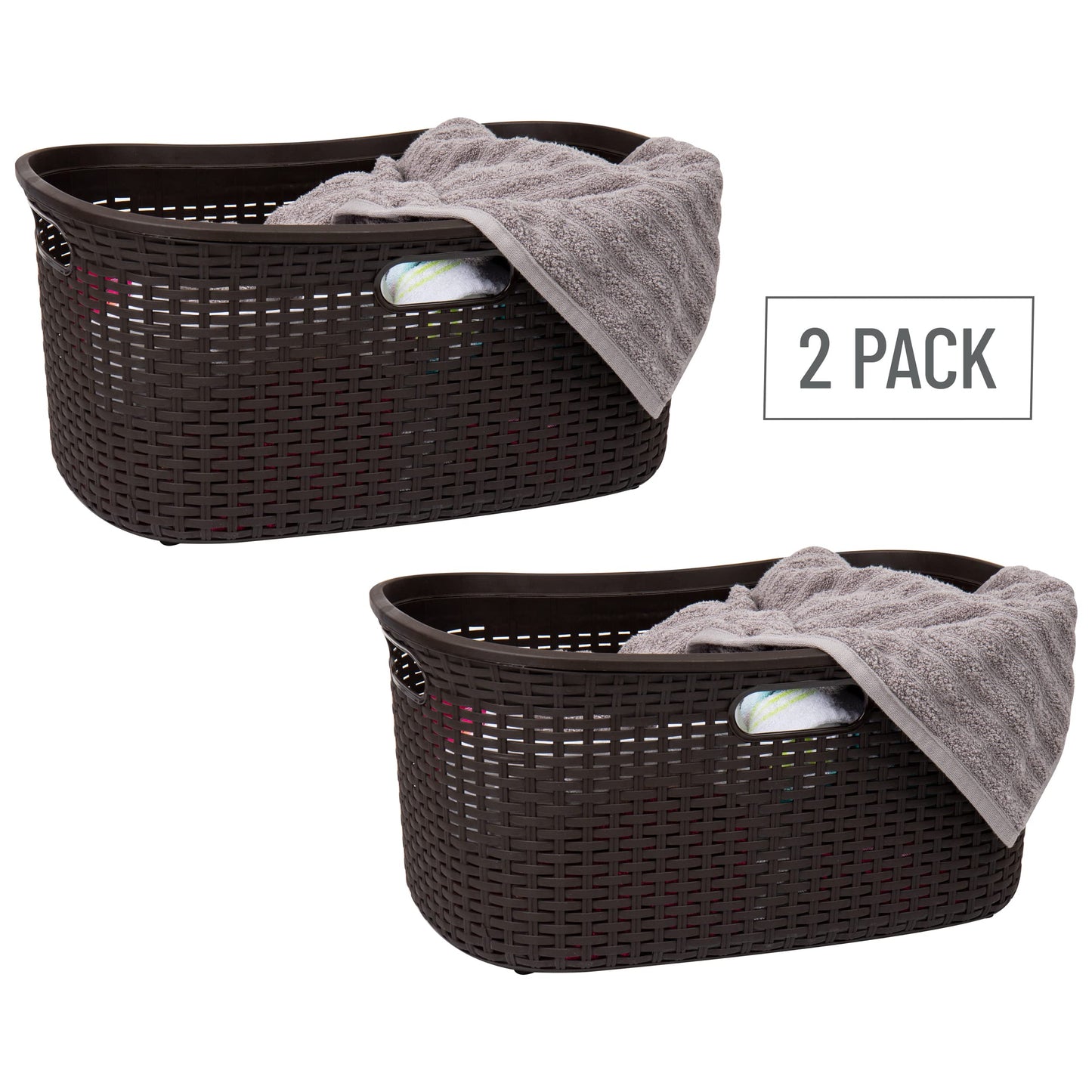 Mind Reader 40L Laundry Basket, Clothes Hamper, Wicker Design, Plastic, 23"L x 14.5"W x 11"H, Set of 2, Brown