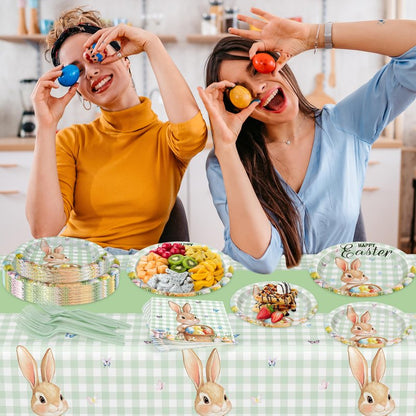 122 Pcs Easter Plates and Napkins Set, Disposable Bunny Eggs Dinnerware Easter Decorations, Sage Green Paper Plates, Napkins, Fork and Tablecloth for Spring Celebrations Party Favors, Serve 30 Guests