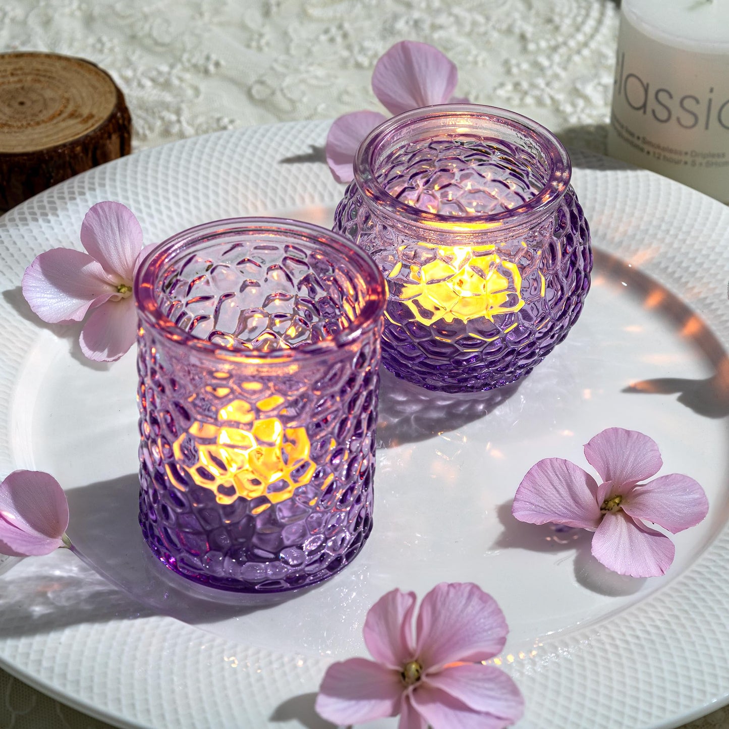 24-Piece Purple Glass Votive Candle Holders Set – Tealight Candle Holder Glass Bulk with 12 Round & 12 Hammered Textured Cups, Purple Votive Candle Holders for Weddings, Parties, Home