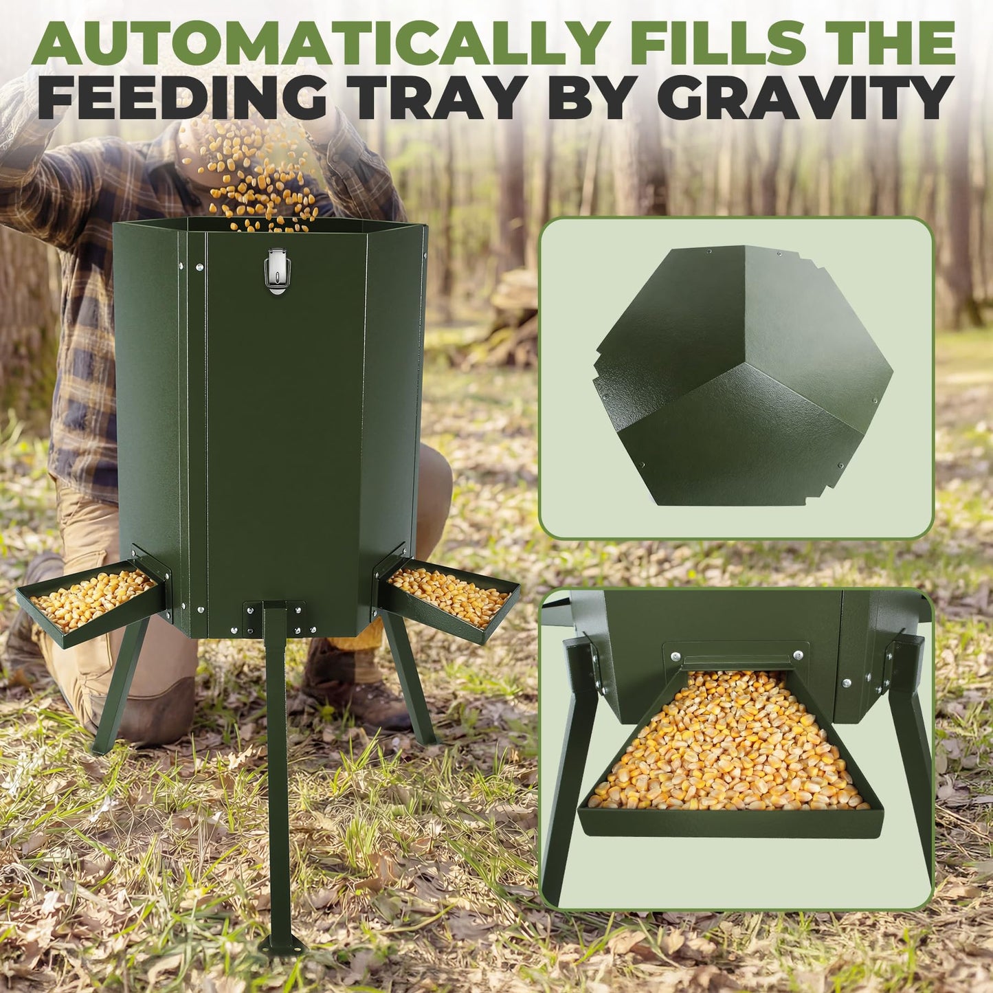 AELIVET Automatic Deer Feeder 50–75 LB,Gravity Deer Feeder with Lid & Lock,with Feeding Tray and 3-Leg Stand, Weatherproof Outdoor for Hunting,Farm,Wildlife Feeding
