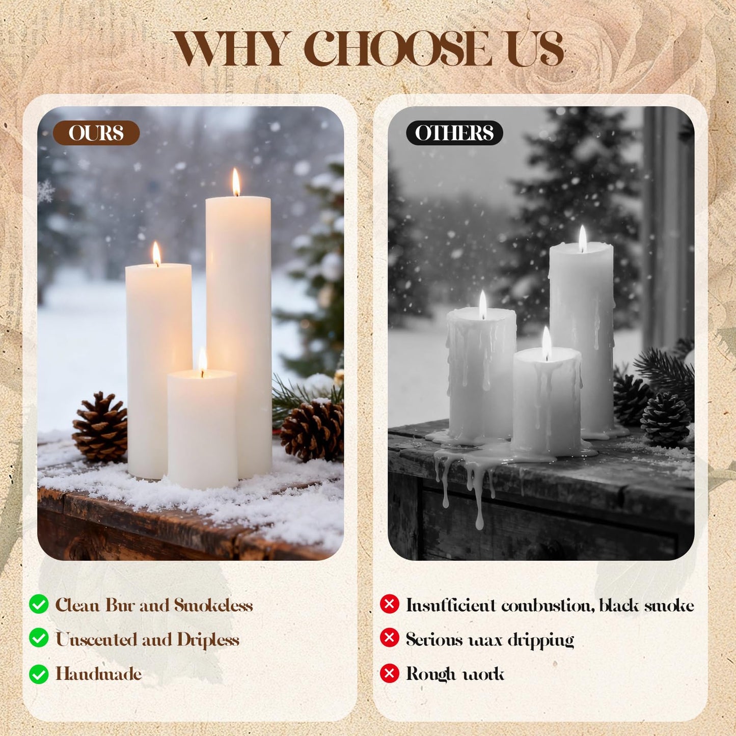 Veiuwa 18 Pcs White Pillar Candles Bulk Set，2x3 2x4 2x6 Inch - 12 Each Size，Hurricane Candles，Dripless Unscented Smokeless，Gives You a Better Atmosphere When Organizing an Event Party.