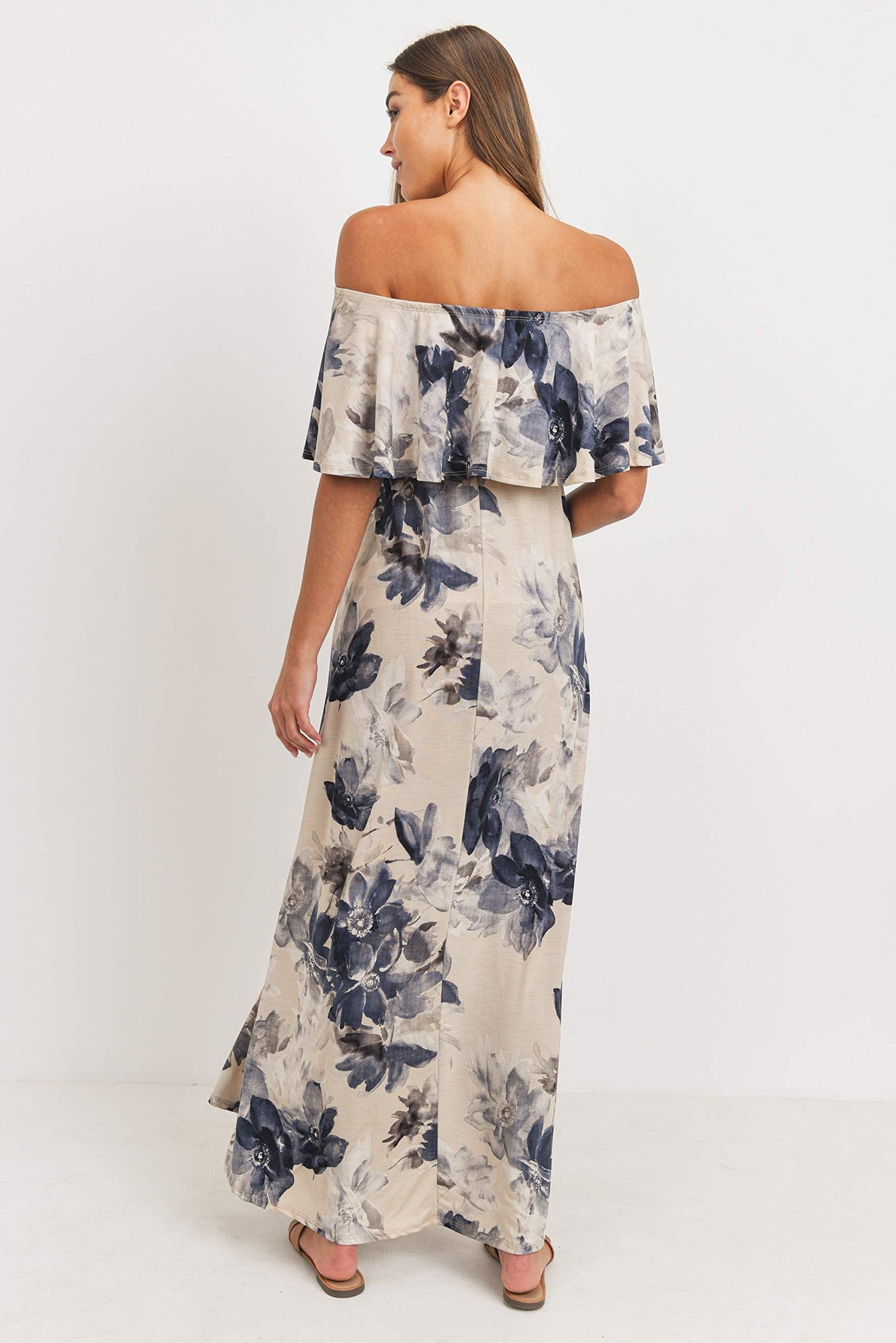 Women's Off Shoulder Ruffle Maxi Maternity Dress (Taupe/Navy Floral, L)