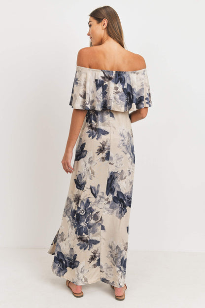 Women's Off Shoulder Ruffle Maxi Maternity Dress (Taupe/Navy Floral, L)