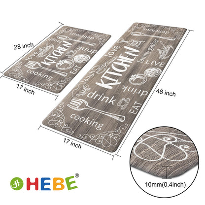 HEBE Kitchen Rugs Set of 2, Cushioned Anti Fatigue Kitchen Mats for Floor, Non Slip Waterproof Comfort Standing Desk Mat Carpet for Sink, Stove, Laundry Room, Brown