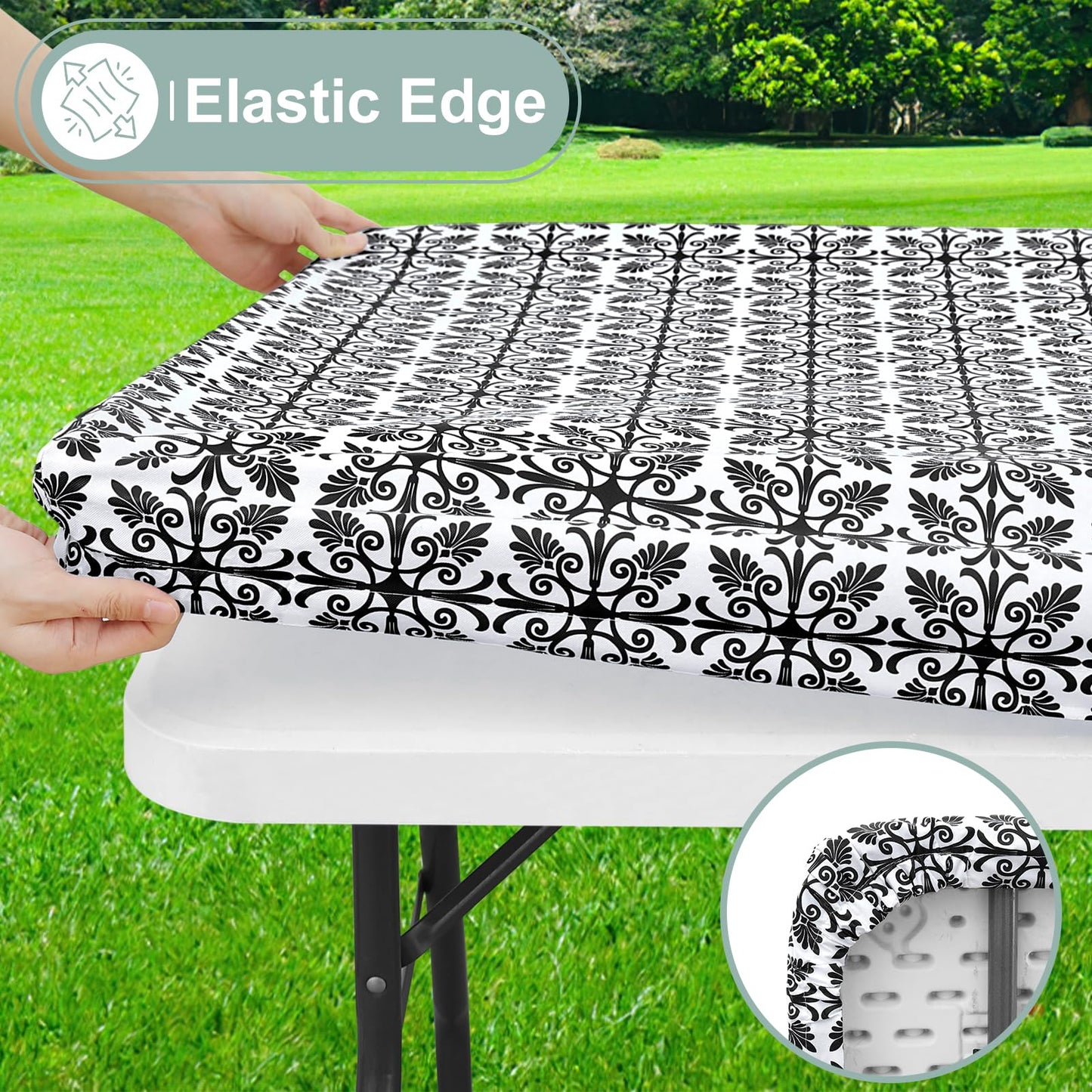 misaya Sqaure Vinyl Table Cloth, Elastic Fitted Flannel Backed Tablecloth, 100% Waterproof Plastic Table Cover Fits Folding Tables for Picnic, Camping, Outdoor (Black, 34" x 34")