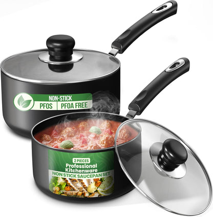 Utopia Kitchen Nonstick Saucepan Set - 1 Quart & 2 Quart Cooking Pots with Lids | Grey & Black