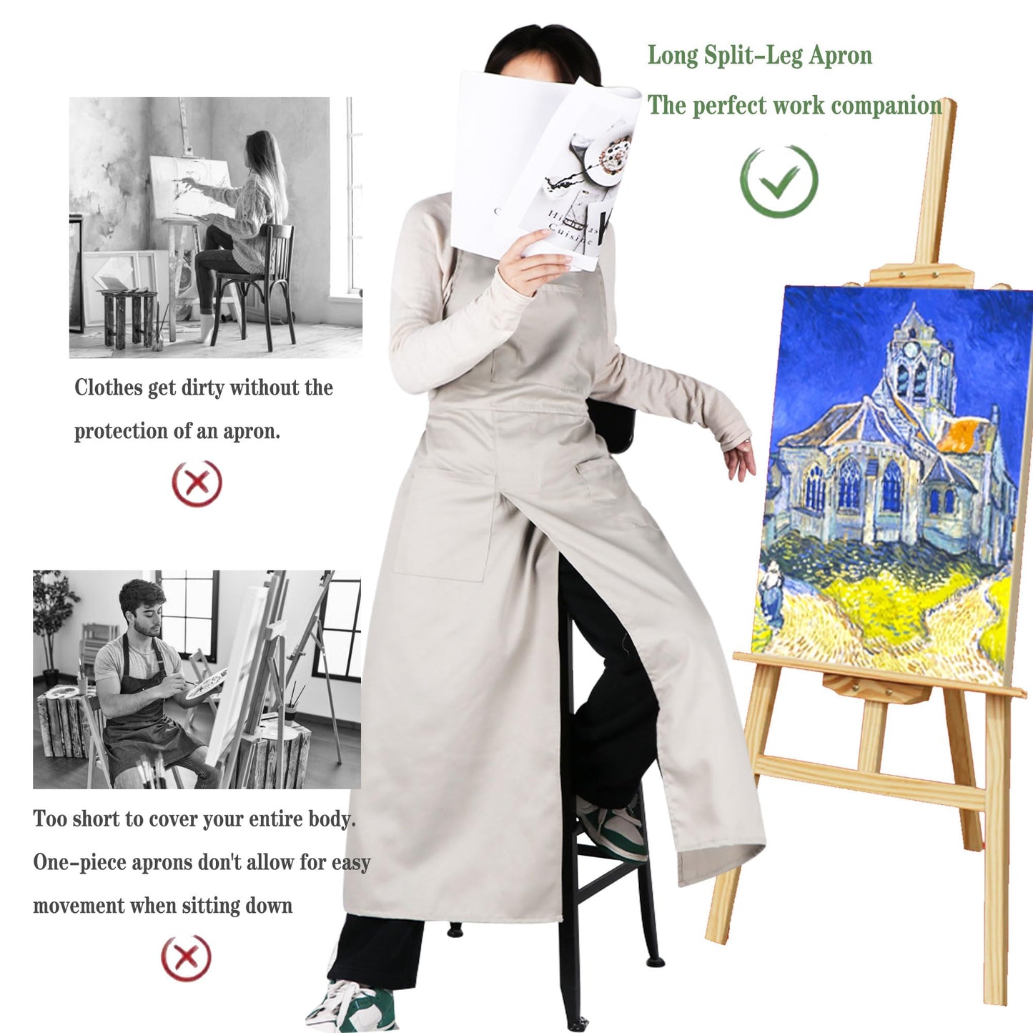 MIKI WELL Pottery Split-Leg Make Ceramic Apron, Long Split-Leg Artist Painting Apron with 3 Pockets for Men and Women (Khaki)