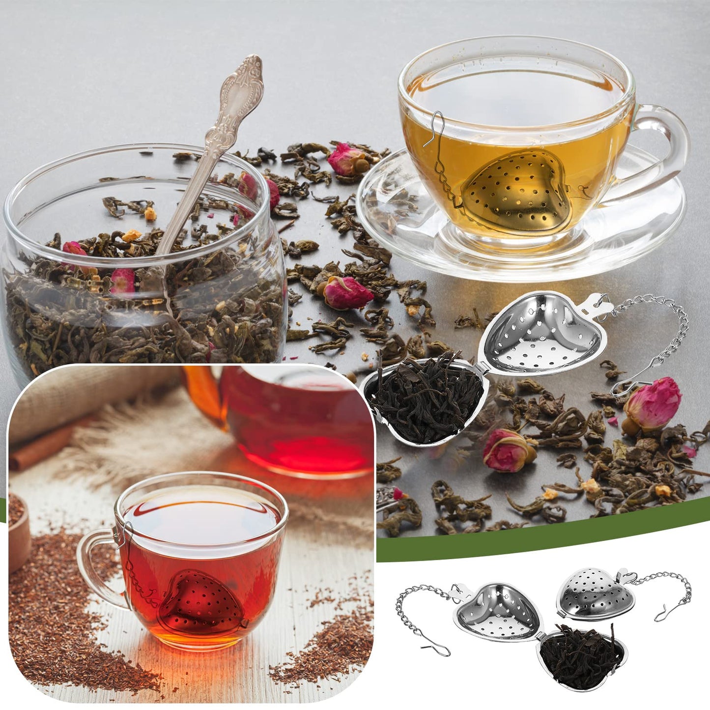 Sumind 100 Pcs Tea Strainer Stainless Steel Tea Ball Infuser Loose Leaf Tea Steeper Tea Interval Diffuser Heart Shape Mesh Tea Filters with Extended Chain Hook for Seasonings Cup Bottle (Silver)