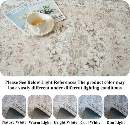 Skiennix Washable 5x5 Square Area Rug - Non-Slip, Stain-Resistant, Lightweight Beige Carpet for Home