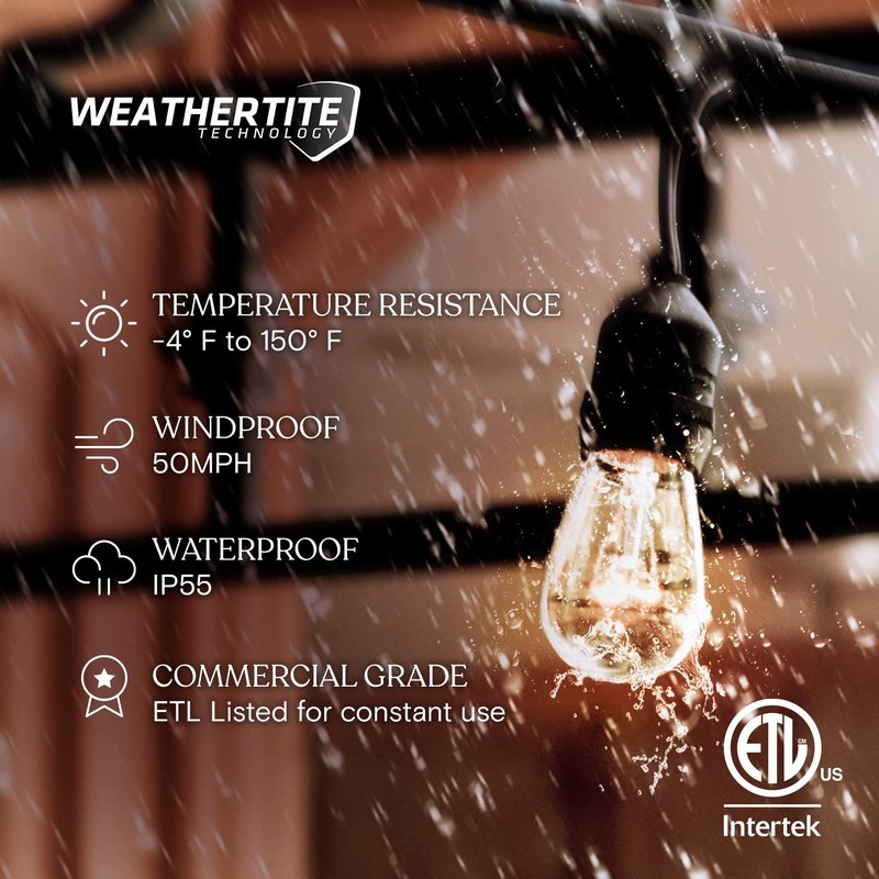Brightech Ambience Pro Incandescent Outdoor String Lights - Commercial Grade Waterproof Patio Lights with 24 Ft Dimmable Edison Bulbs, Porch String Lights for Patio, Backyard, Christmas - 7 Bulbs 11W
