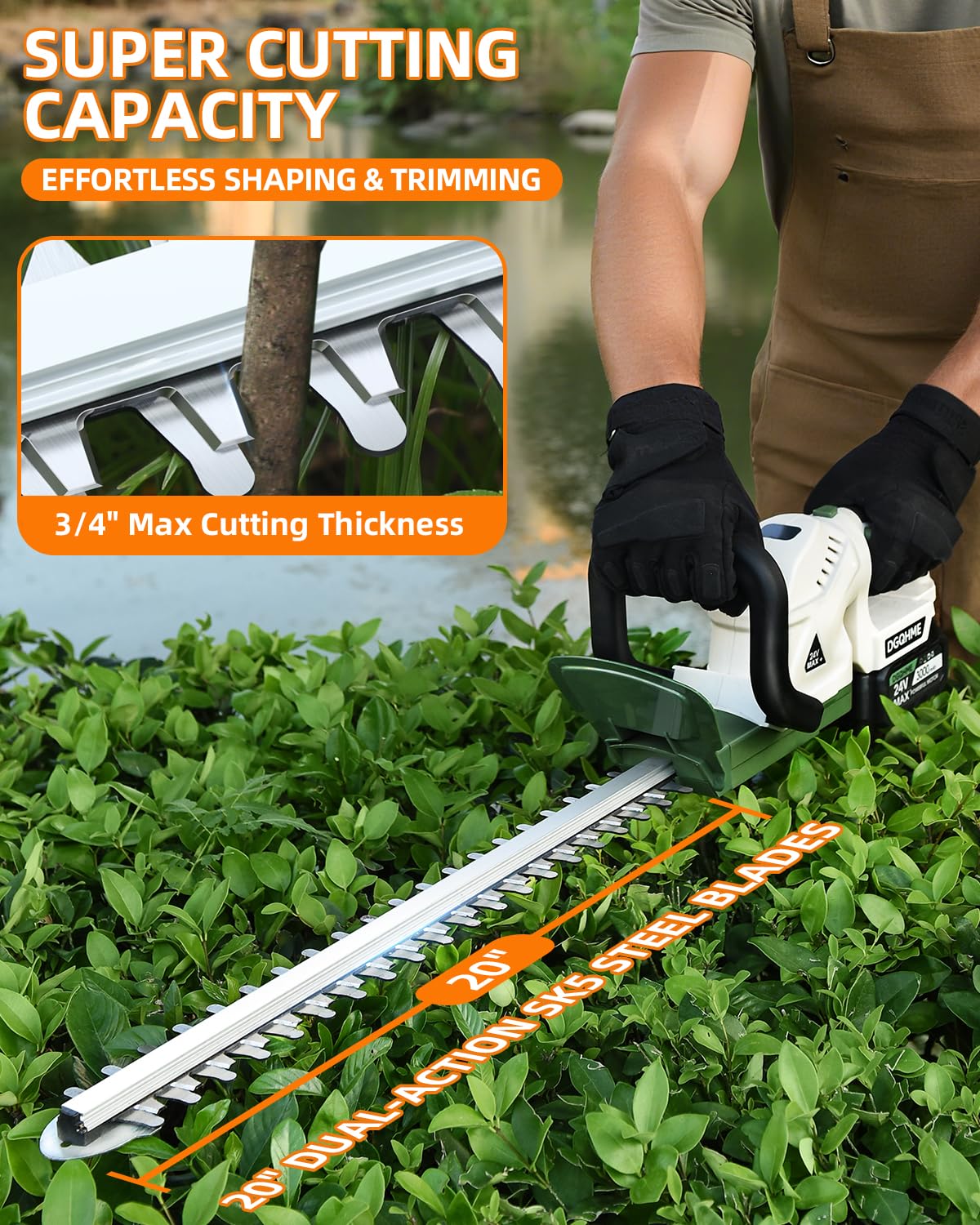 DGQHME 20" Hedge Trimmer Cordless,Electric Bush Trimmer with 2 Pack Rechargeable Batteries,Lightweight Hedge Trimmers,3000RPM 180°Rotatable Head,3/4" Blade Gap