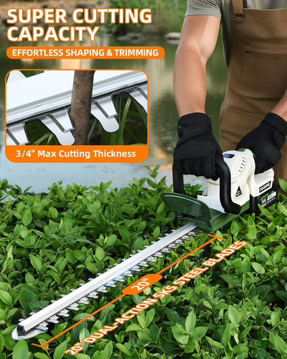 DGQHME 20" Hedge Trimmer Cordless,Electric Bush Trimmer with 2 Pack Rechargeable Batteries,Lightweight Hedge Trimmers,3000RPM 180°Rotatable Head,3/4" Blade Gap