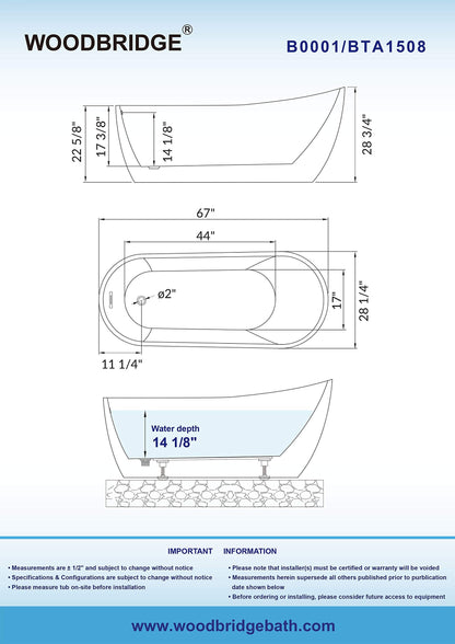 WOODBRIDGE 67" Acrylic Freestanding Bathtub Contemporary Soaking White Tub with Brushed Nickel Overflow and Drain，B-0001-BN