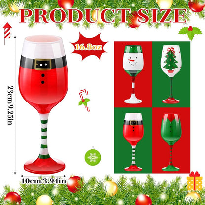 CPEGHDVM 4 Pcs Christmas Wine Glasses 16.8 Oz Set Santa Belt Snowman Drinking Goblets Cups Xmas Hand Painted Wine Cup Glass for Home Bar Diner Birthday Wedding Christmas Party Favors