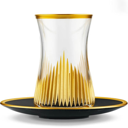 DECOSTYLE Turkish Tea Set, Glass and Plate (Set of 6), 12 pcs, Matte Gold, Vintage Handmade Tea Time, Turkish Glass Masters, Capacity: 5 1/4 US oz 160 cc (Black)