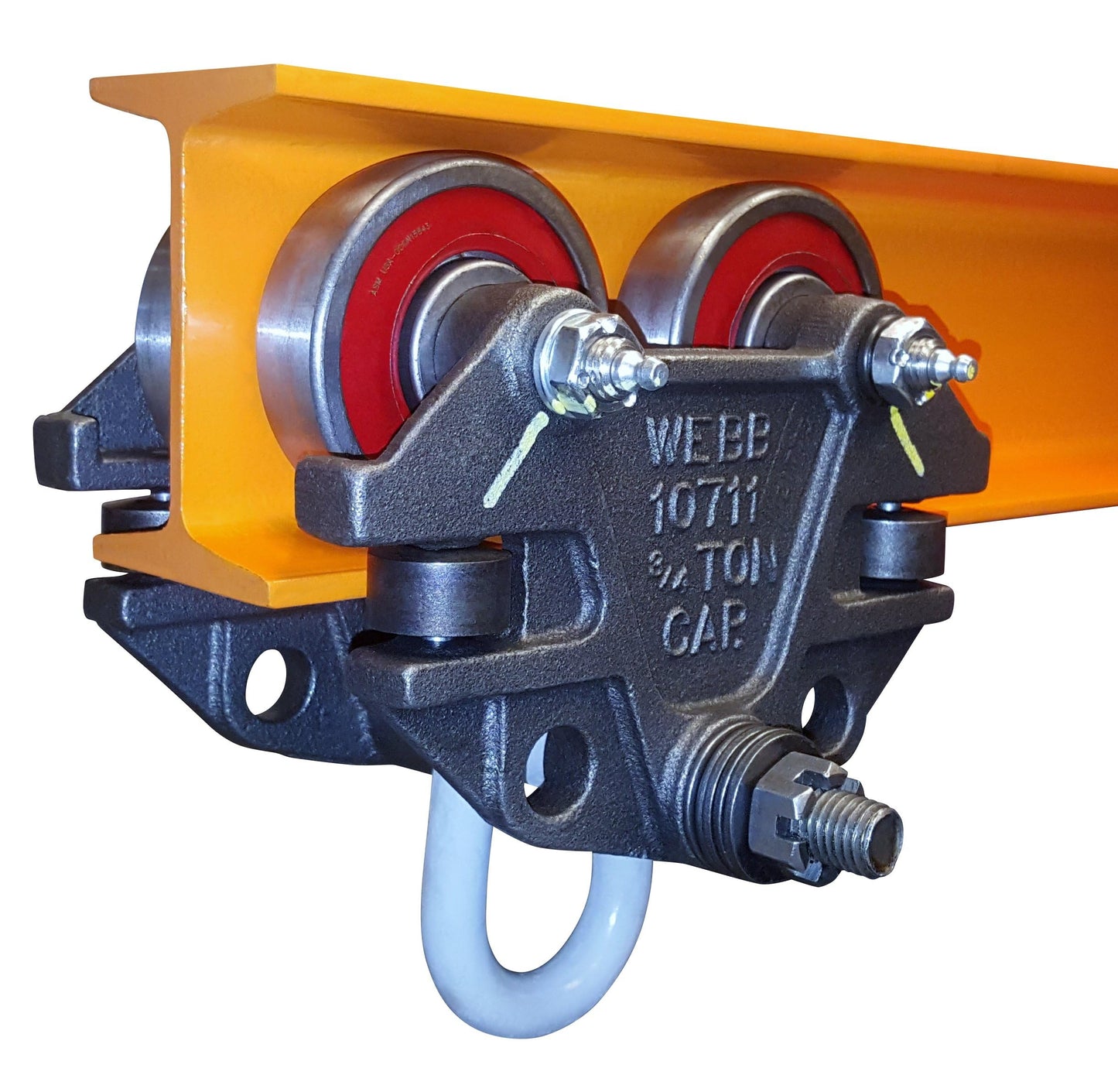 Jervis Webb Beam Trolley With Side Guide Rollers. Heavy Duty 3/4 Ton 1,500 Pounds Capacity. Industrial Grade Conveyor Trolley for I-Beams and Chain Hoists