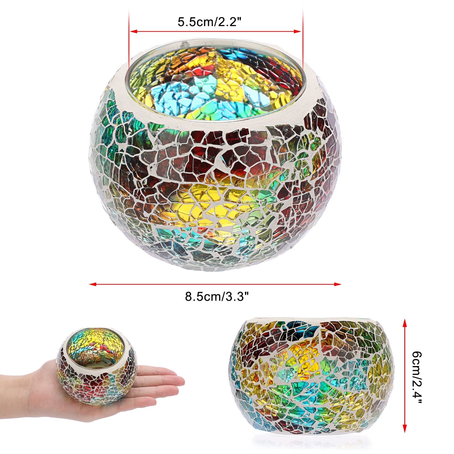 OwnMy Set of 3 Colorful Mosaic Glass Tea Light Holders Round Bowl Votive Candle Holders Pillar Candle Stands, Glass Mosaic Tealight Holders Potted Plant Bowl Vase Candle Centerpiece for Table Wedding