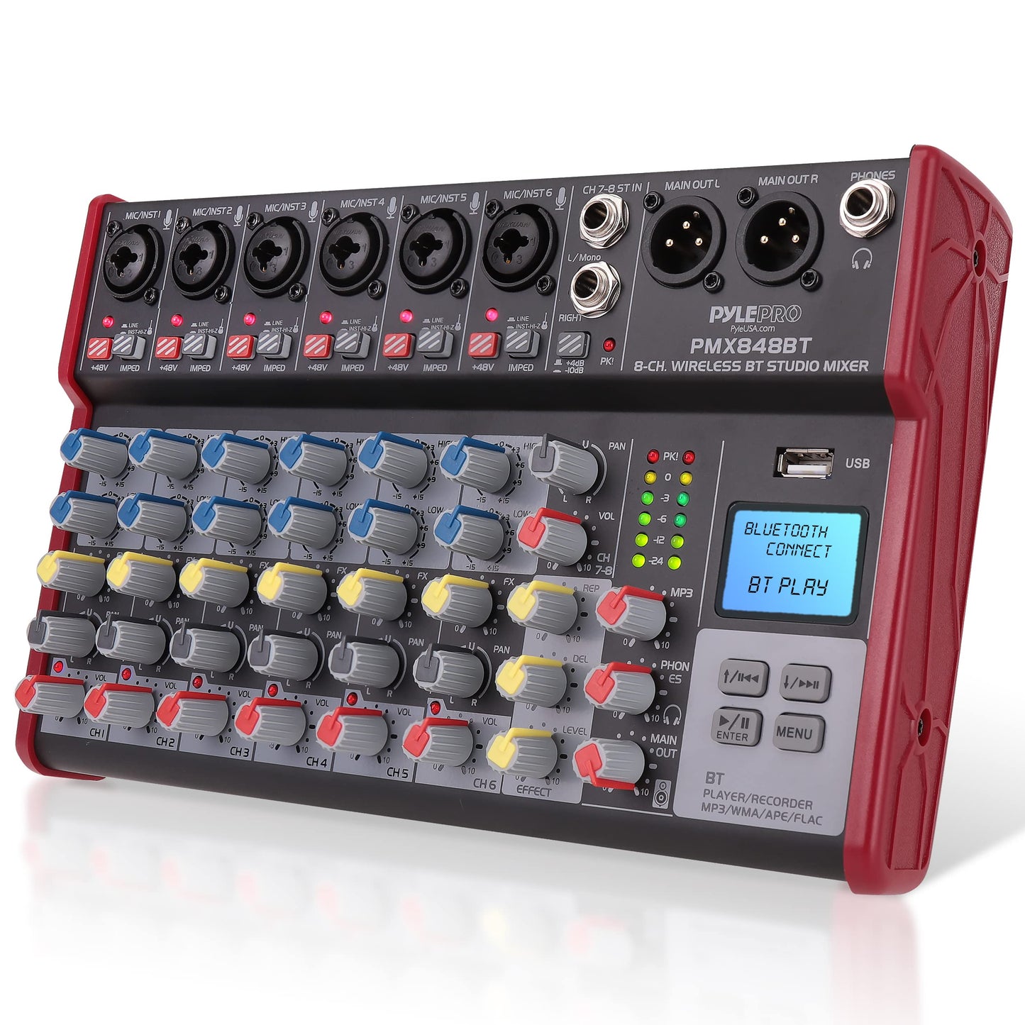 Pyle Professional Wireless DJ Audio Mixer - 8-Channel Bluetooth Compatible DJ Controller Sound Mixer w/USB Port, 6 Mic/Line Input, ¼” Mono/Stereo Input, Headphone Jack, +48V Phantom Power - PMX848BT