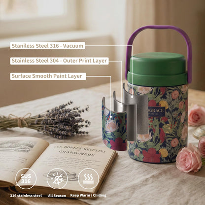MAGRACE Vaccum Insulated Food Jar - Boho Floral Thermal Lunch Container for Office Outdoor Hot & Cold Meals, Wide Mouth Thermo for Adult, W/Foldable Spoon (Pastoral)