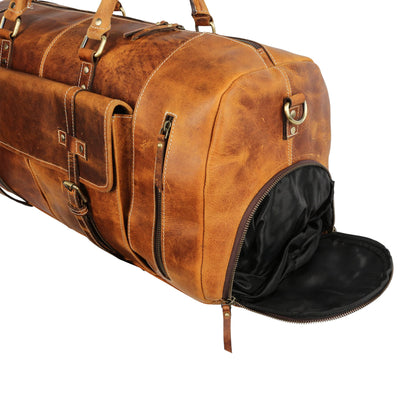KomalC Leather Duffle Bags for Men and Women Travel Overnight Weekend sports bag holdall Gym Duffel for Men (Distressed Tan, 28 Inch)