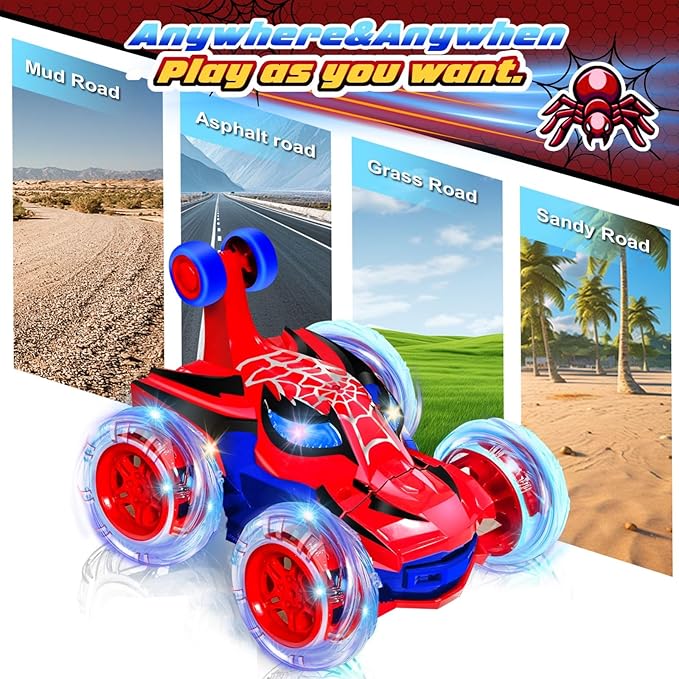 Kids Toys Spider RC Car for Boys 4-7 - Cool Spider Monster Remote Control Crawler Toy 360° Flip Fast Stunt &amp 4WD Light Up Wheel - Fun Boy Gift Idea for Birthday Chirstmas Stuff Age 3 4 5 6 7 8