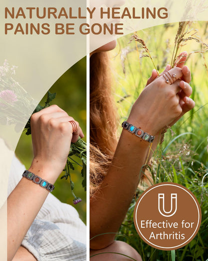 Feraco Pure Copper Bracelets & Rings for Women, Ultra Strength Magnetic Copper Bracelet with 3800 Gauss Magnets, Natural Turquoise & Stones, Adjustable Jewelry Gift