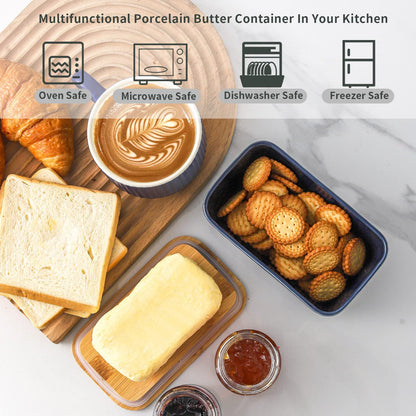 Hasense Ceramic Butter Dish with Lid, Large Butter Container for Countertop Airtight Butter Stick Covered Keeper,Navy Blue Embossed Pattern,Easy Clean Dishwasher Safe