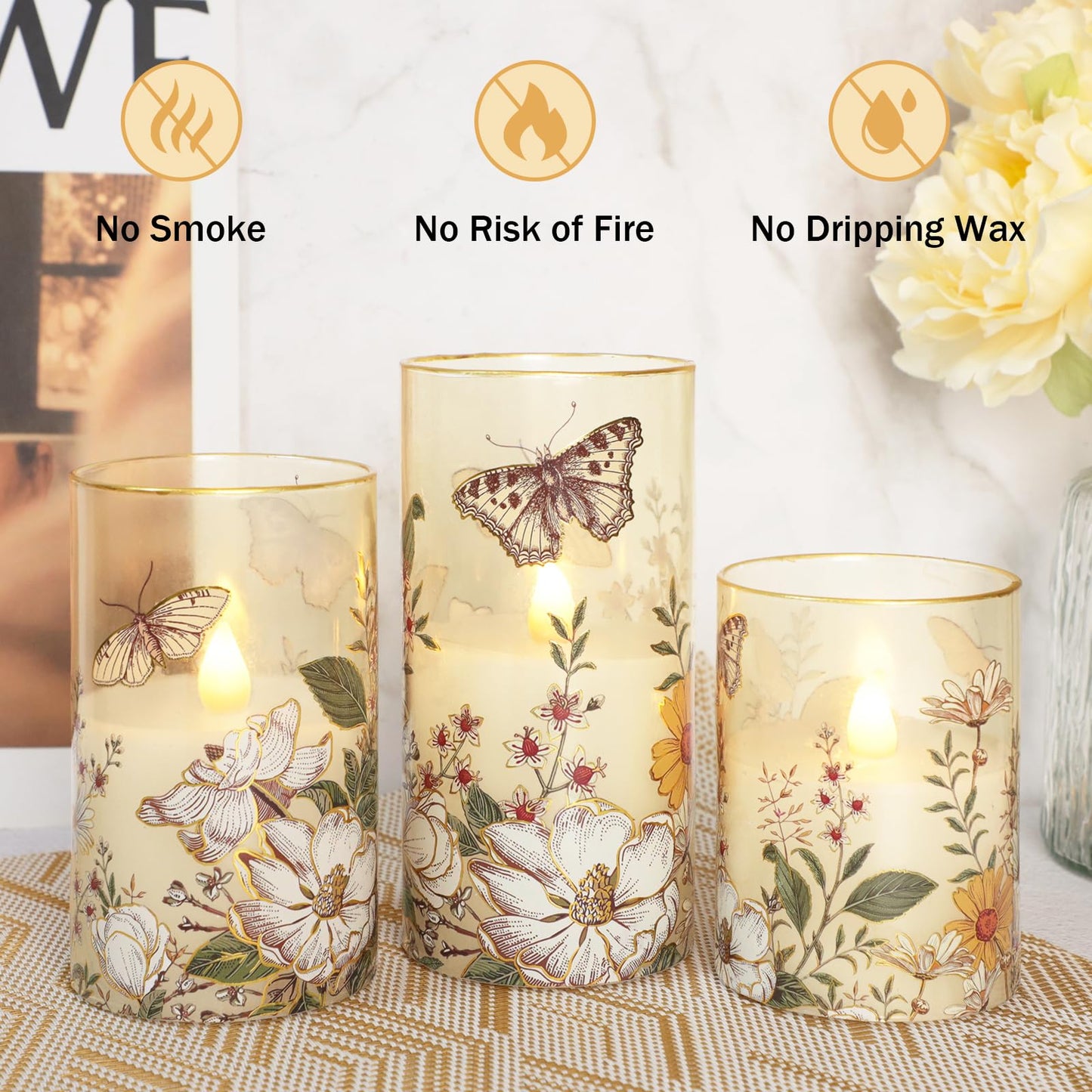 Impress Life Flameless Candles with Remote, 3PCS Butterfly Floral Glass Candles with 3D Flickering LED Wick, Battery Operated Candles for Spring Decor & Home