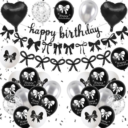 Skiennix Black Bow Birthday Decorations - Coquette Party Set with Happy Birthday Banner & Heart Foil Balloons