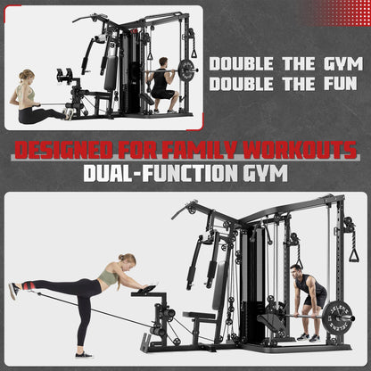 JELENS Home Gym System, 150LB Weight Stack Smith Machine with LAT Pull-Down & Leg Press, All-in-One Strength Training Equipment, Workout Station for Workout (Black, Classical Package)