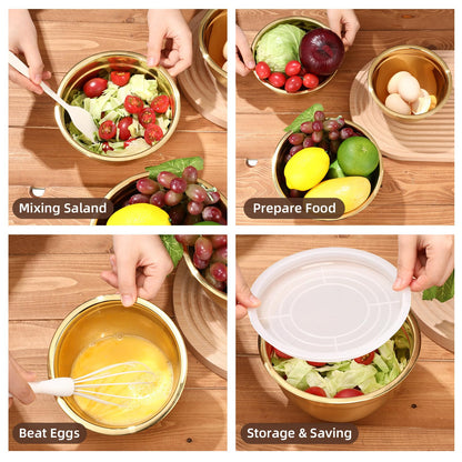 Baderke 7 Pcs Gold Kitchen Accessories Includes Stainless Steel Colander with Handles, 3 Gold Mixing Bowls with Airtight Lids and 3 Fine Mesh Strainer(Colander: 3 Qt, Mixing Bowls: 0.8/1/1.5 Qt)