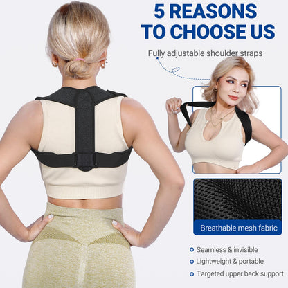 Posture Corrector for Women and Men, Adjustable Upper Back Brace, Spine Support Straightener, Neck, Shoulder, Back and Lumbar Pain Relief, Comfortable & Breathable